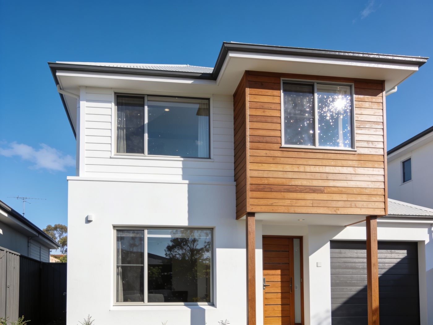 Two-storey render and cladding, washed