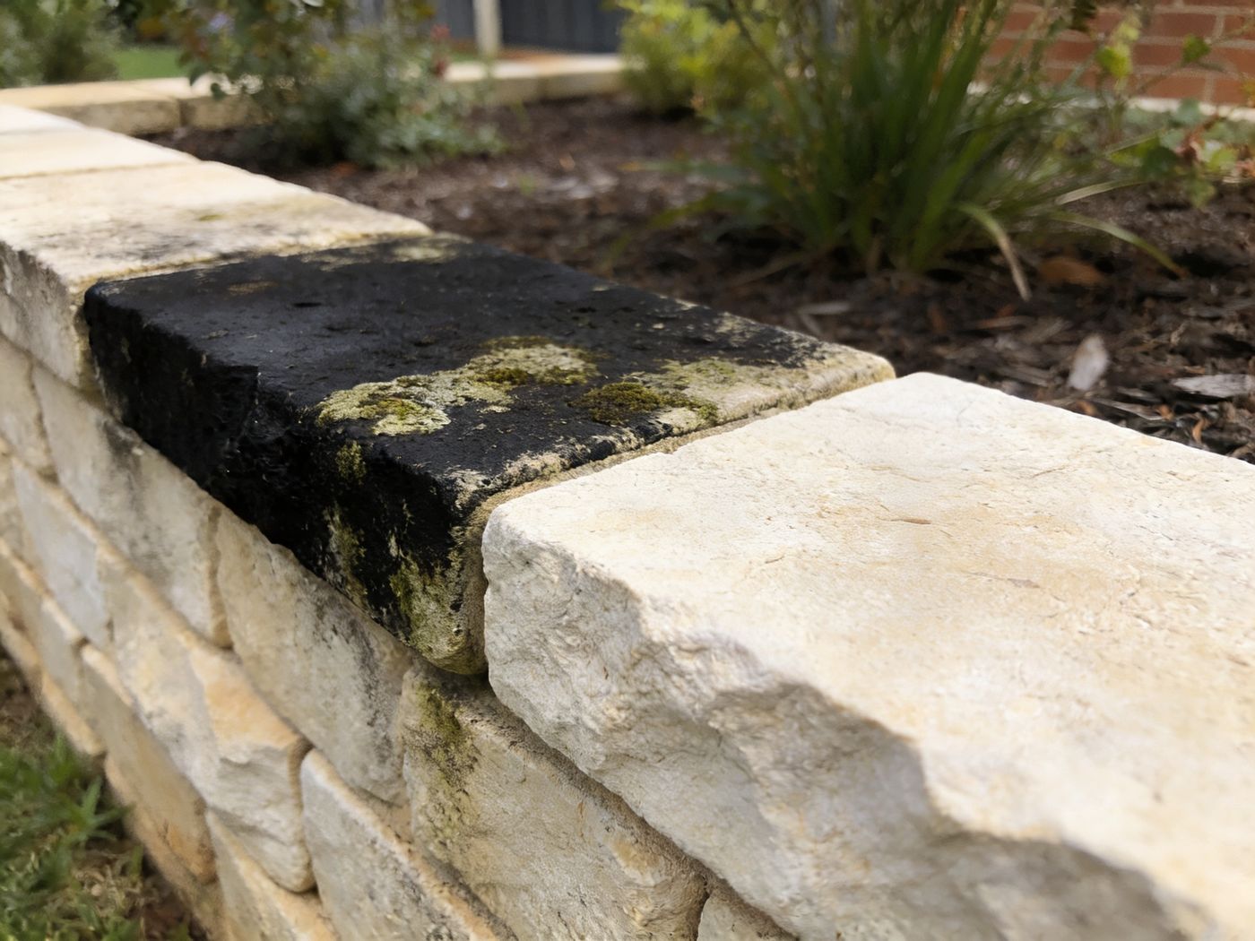 Limestone retaining wall mid-clean