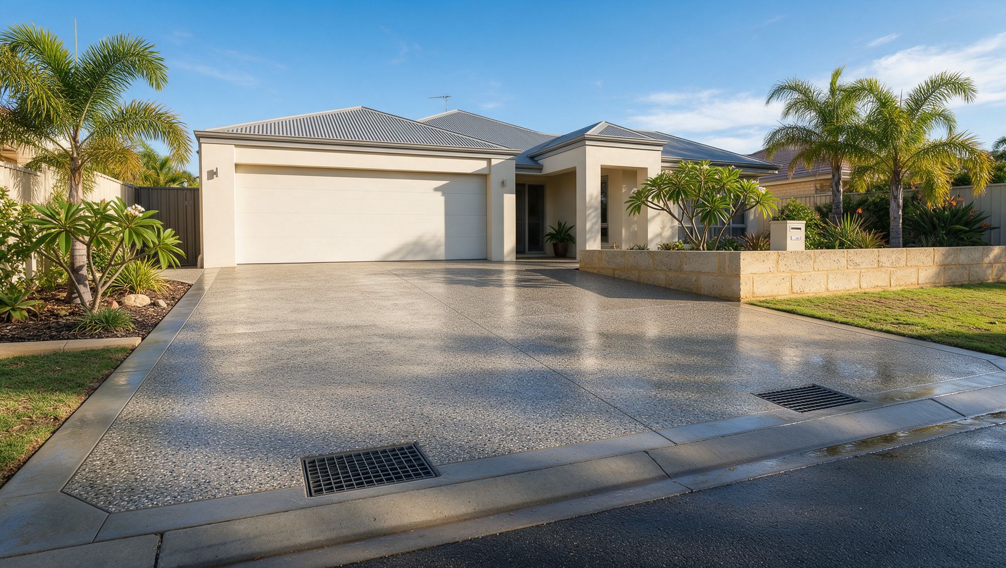 Aggregate driveway still wet after a clean