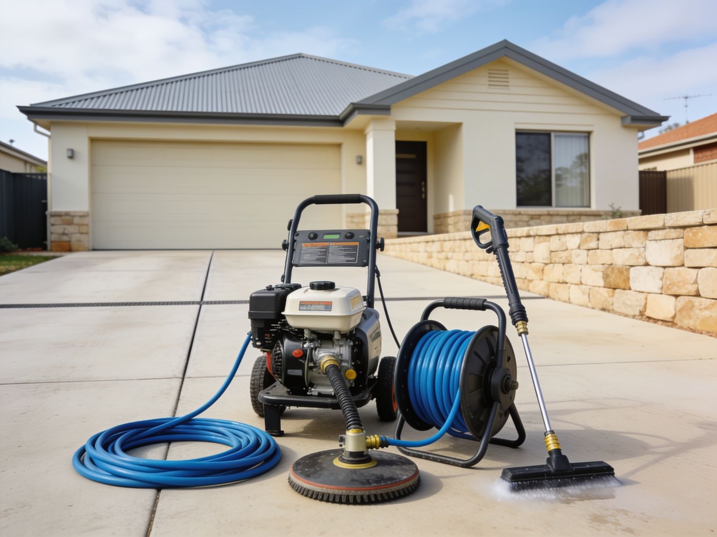 Professional pressure washing equipment set up on a driveway